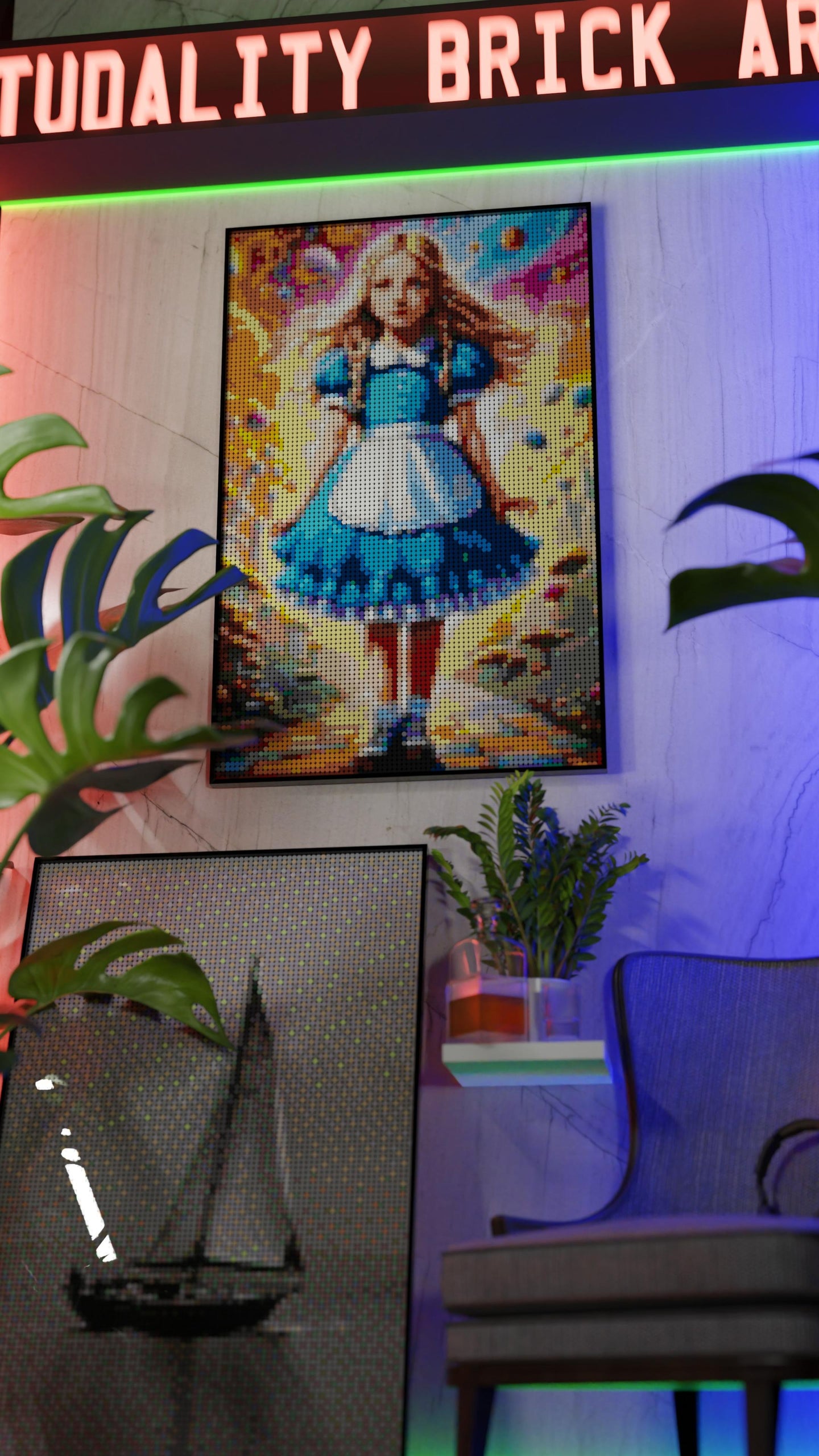 Alice in Wonderland LEGO® Style mosaic wall art made from colorful plastic bricks